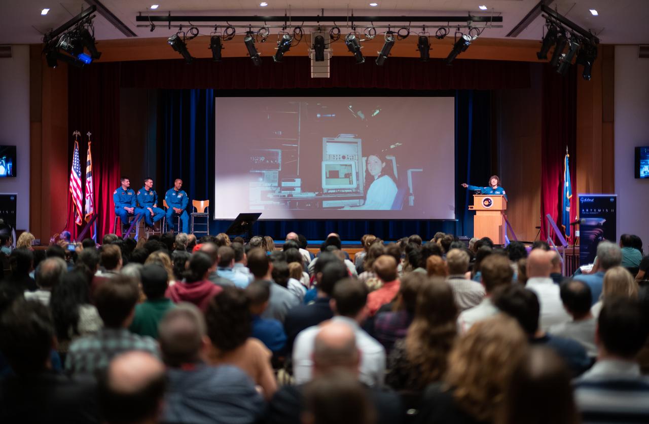 NASA Astronaut Christina Hammock Koch, right, speaks about her time at NASA’s Goddard Space Flight Center during an employee engagement event with fellow Artemis II crewmates CSA (Canadian Space Agency) astronaut Jeremy Hansen, and NASA astronauts Reid Wiseman and Victor Glover, Friday, May 19, 2023, at NASA’s Goddard Space Flight Center in Greenbelt, Md. Wiseman, Glover, Hammock Koch, and Hansen, who will fly around the Moon on NASA’s Artemis II flight test, visited Washington to discuss their upcoming mission with members of Congress and others. Photo Credit: (NASA/Joel Kowsky)