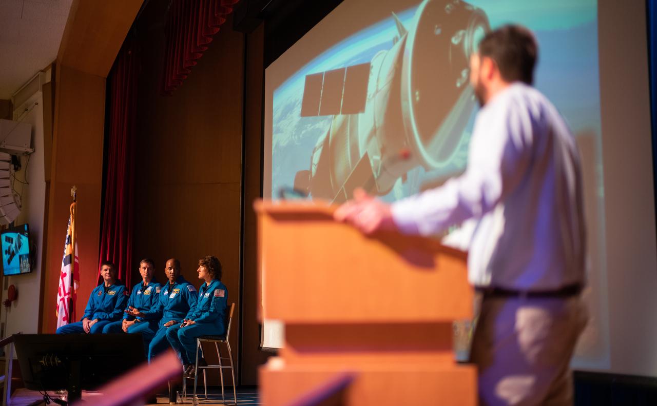 Noah Petro, Artemis III project scientist at NASA's Goddard Space Flight Center, right, moderates questions from the audience, Friday, May 19, 2023, during an employee engagement event with NASA astronauts Reid Wiseman, Victor Glover, Christina Hammock Koch, and CSA (Canadian Space Agency) astronaut Jeremy Hansen at NASA’s Goddard Space Flight Center in Greenbelt, Md. Wiseman, Glover, Hammock Koch, and Hansen, who will fly around the Moon on NASA’s Artemis II flight test, visited Washington to discuss their upcoming mission with members of Congress and others. Photo Credit: (NASA/Joel Kowsky)