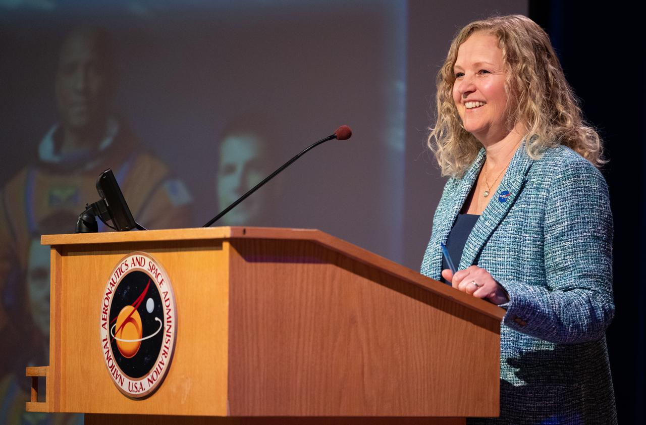 Dr. Christa Peters-Lidard, director of the Sciences and Exploration Directorate at NASA's Goddard Space Flight Center delivers opening remarks, Friday, May 19, 2023, during an employee engagement event at NASA’s Goddard Space Flight Center in Greenbelt, Md. NASA astronauts Reid Wiseman, Victor Glover, Christina Hammock Koch, and CSA (Canadian Space Agency) astronaut Jeremy Hansen, who will fly around the Moon on NASA’s Artemis II flight test, visited Washington to discuss their upcoming mission with members of Congress and others. Photo Credit: (NASA/Joel Kowsky)