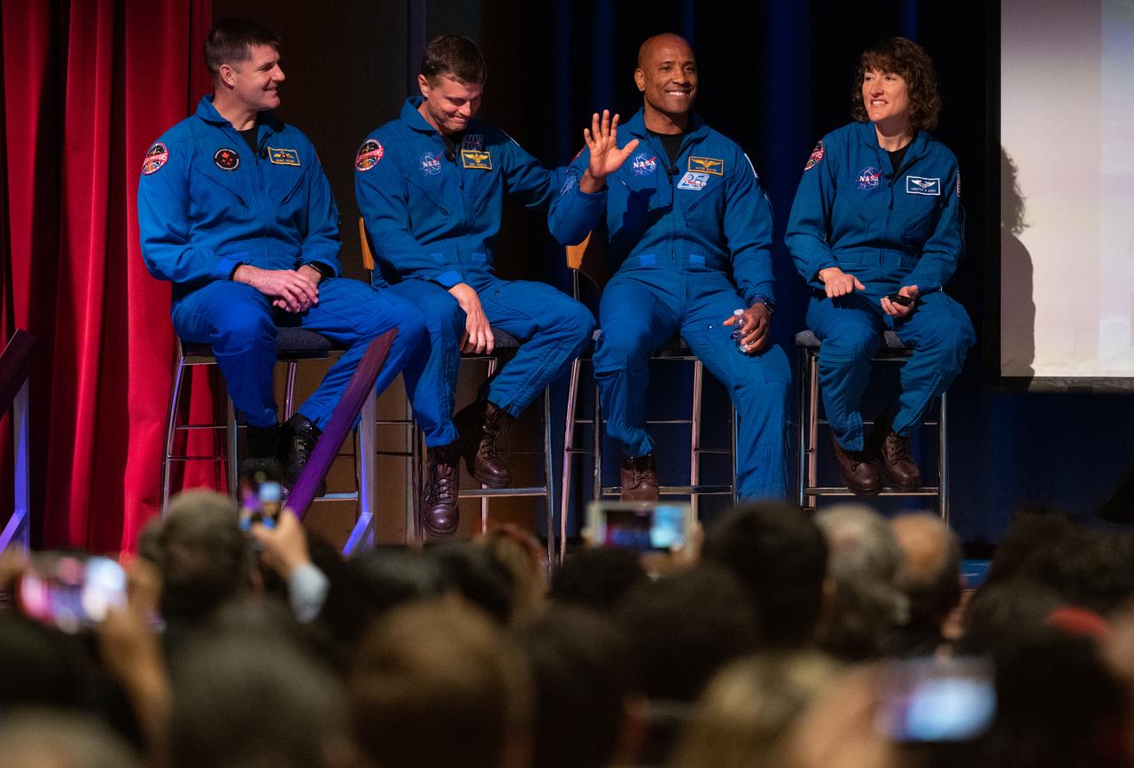 CSA (Canadian Space Agency) astronaut Jeremy Hansen, left, and NASA astronauts Reid Wiseman, Victor Glover, and Christina Hammock Koch, are seen as they are introduced during an employee engagement event, Friday, May 19, 2023, during an employee engagement event at NASA’s Goddard Space Flight Center in Greenbelt, Md. Wiseman, Glover, Hammock Koch, and Hansen, who will fly around the Moon on NASA’s Artemis II flight test, visited Washington to discuss their upcoming mission with members of Congress and others. Photo Credit: (NASA/Joel Kowsky)