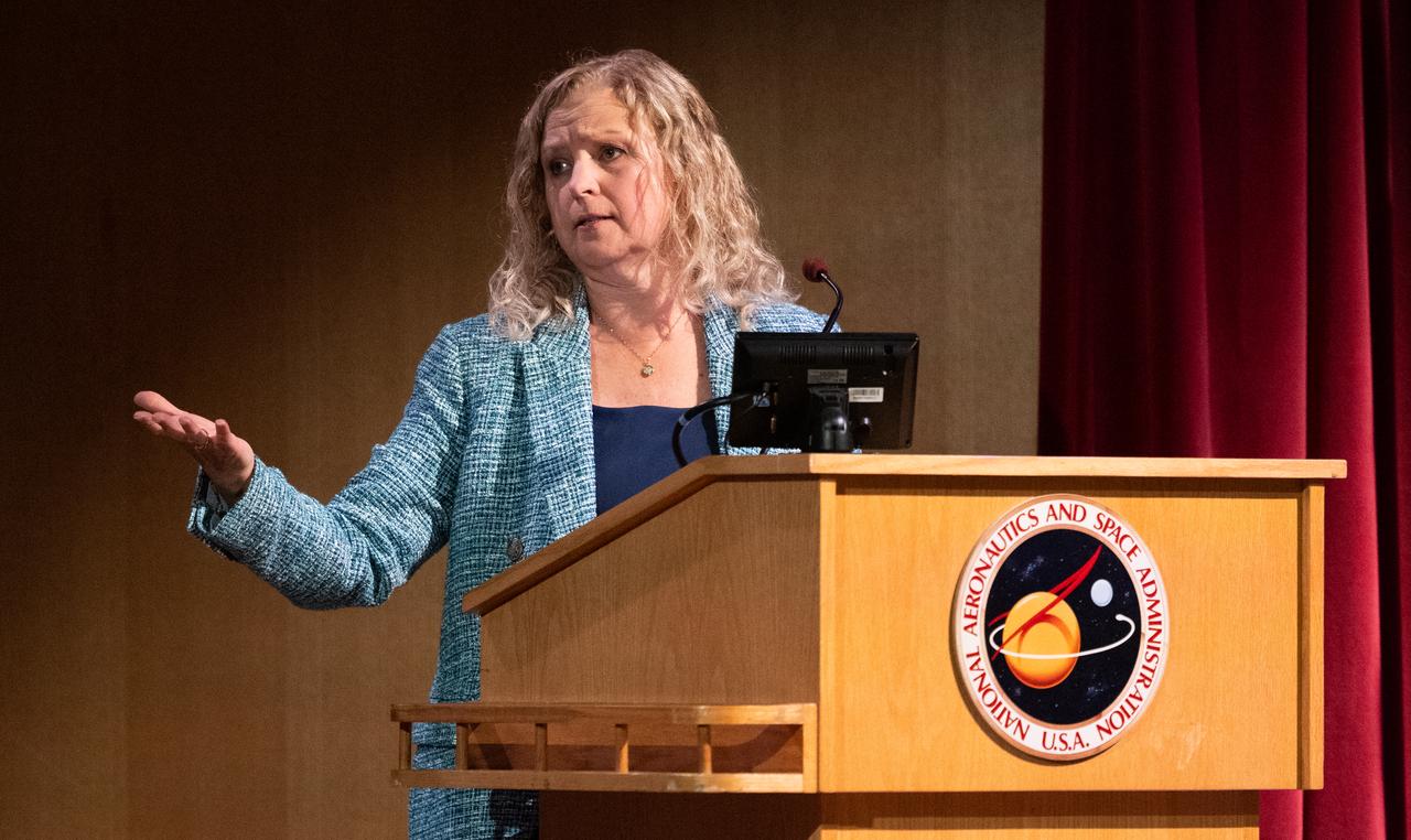 Dr. Christa Peters-Lidard, director of the Sciences and Exploration Directorate at NASA's Goddard Space Flight Center delivers opening remarks, Friday, May 19, 2023, during an employee engagement event at NASA’s Goddard Space Flight Center in Greenbelt, Md. Wiseman, Glover, Koch, and Hansen, who will fly around the Moon on NASA’s Artemis II flight test, visited Washington to discuss their upcoming mission with members of Congress and others. Photo Credit: (NASA/Joel Kowsky)