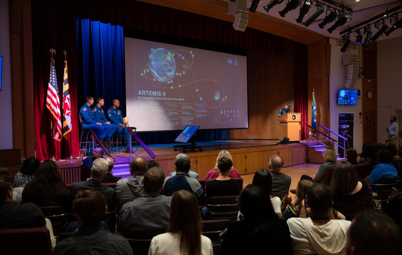 NASA Astronaut Christina Hammock Koch, right, speaks during an employee engagement event with fellow Artemis II crewmates CSA (Canadian Space Agency) astronaut Jeremy Hansen, and NASA astronauts Reid Wiseman and Victor Glover, Friday, May 19, 2023, at NASA’s Goddard Space Flight Center in Greenbelt, Md. Wiseman, Glover, Hammock Koch, and Hansen, who will fly around the Moon on NASA’s Artemis II flight test, visited Washington to discuss their upcoming mission with members of Congress and others. Photo Credit: (NASA/Joel Kowsky)