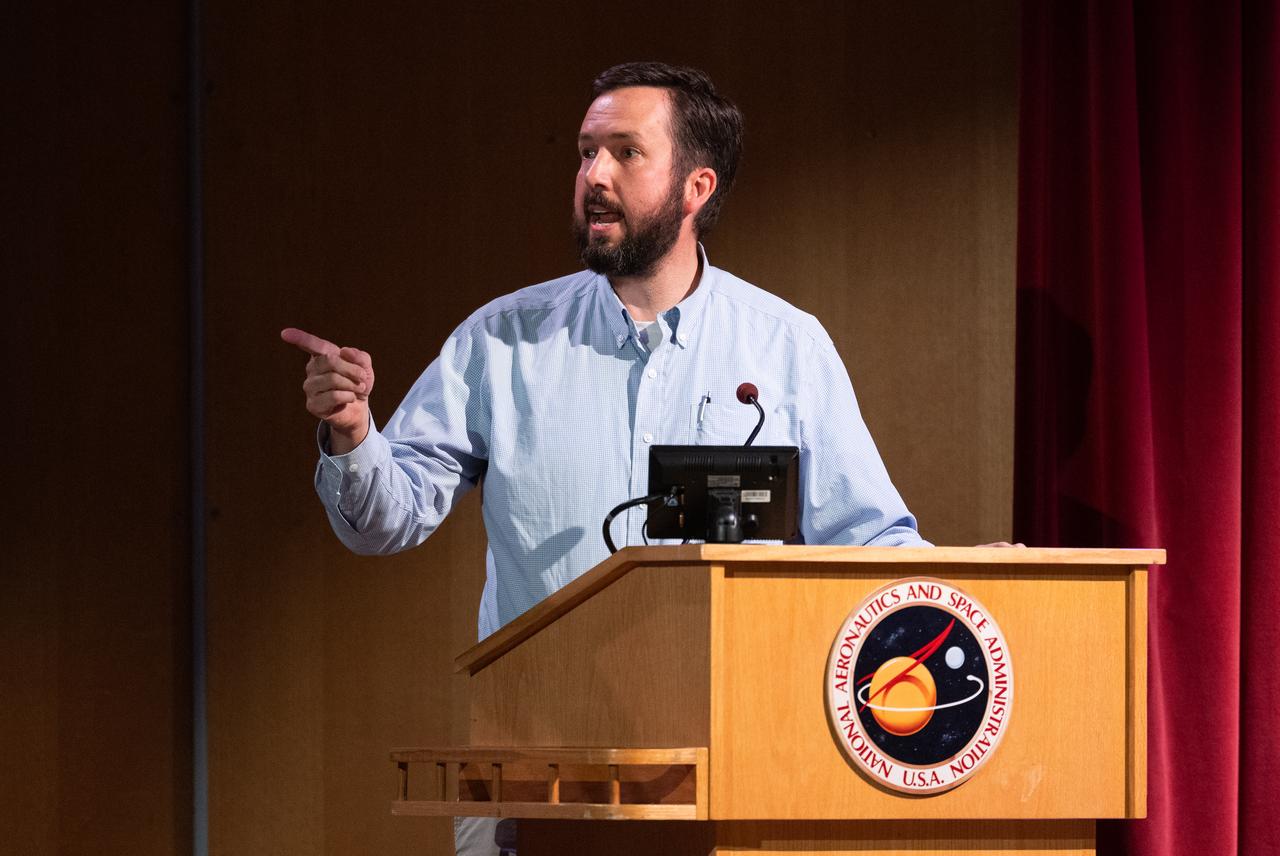 Noah Petro, Artemis III project scientist at NASA's Goddard Space Flight Center moderates questions from the audience, Friday, May 19, 2023, during an employee engagement event at NASA’s Goddard Space Flight Center in Greenbelt, Md. NASA astronauts Reid Wiseman, Victor Glover, Christina Hammock Koch, and CSA (Canadian Space Agency) astronaut Jeremy Hansen, who will fly around the Moon on NASA’s Artemis II flight test, visited Washington to discuss their upcoming mission with members of Congress and others. Photo Credit: (NASA/Joel Kowsky)