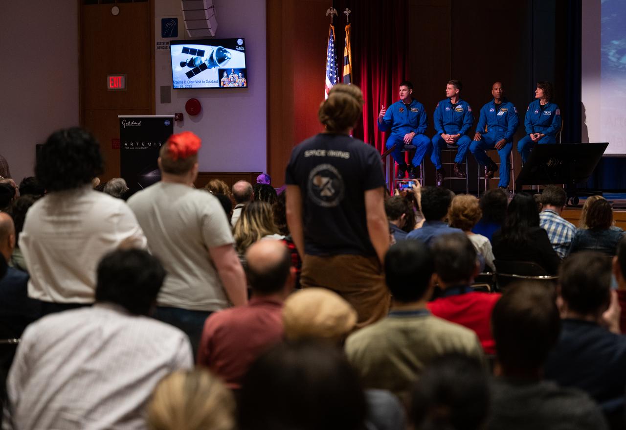 CSA (Canadian Space Agency) astronaut Jeremy Hansen, left, answers a question alongside NASA astronauts Reid Wiseman second from left, Victor Glover, and Christina Hammock Koch, during an employee engagement event, Friday, May 19, 2023, at NASA’s Goddard Space Flight Center in Greenbelt, Md. Wiseman, Glover, Hammock Koch, and Hansen, who will fly around the Moon on NASA’s Artemis II flight test, visited Washington to discuss their upcoming mission with members of Congress and others. Photo Credit: (NASA/Joel Kowsky)