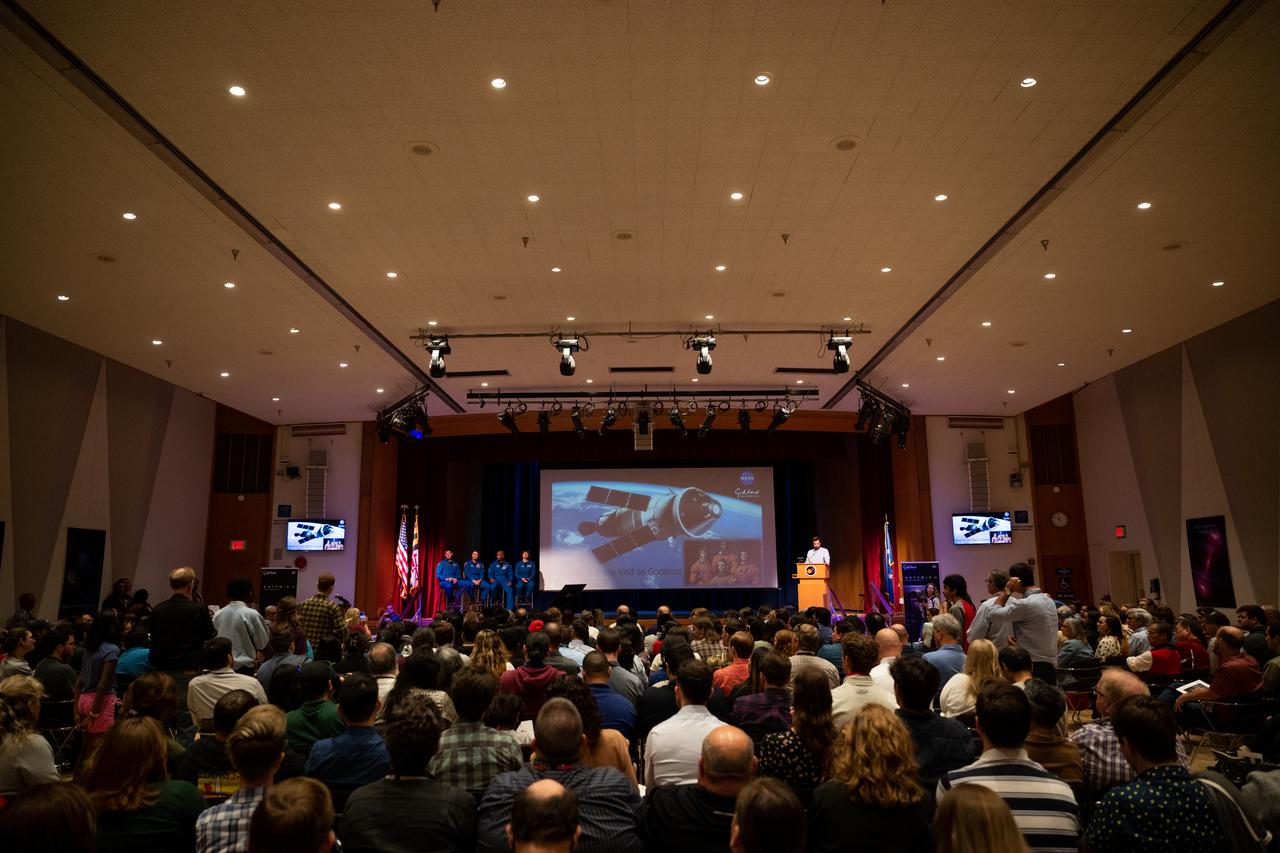 CSA (Canadian Space Agency) astronaut Jeremy Hansen, left, and NASA astronauts Reid Wiseman, Victor Glover, and Christina Hammock Koch, are seen as they answer questions during an employee engagement event, Friday, May 19, 2023, at NASA’s Goddard Space Flight Center in Greenbelt, Md. Wiseman, Glover, Hammock Koch, and Hansen, who will fly around the Moon on NASA’s Artemis II flight test, visited Washington to discuss their upcoming mission with members of Congress and others. Photo Credit: (NASA/Joel Kowsky)