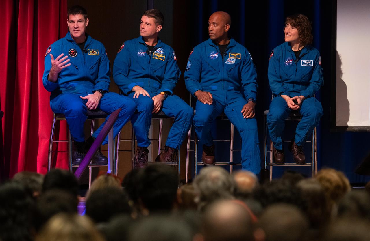 CSA (Canadian Space Agency) astronaut Jeremy Hansen, left, answers a question alongside NASA astronauts Reid Wiseman, Victor Glover, and Christina Hammock Koch, during an employee engagement event, Friday, May 19, 2023, at NASA’s Goddard Space Flight Center in Greenbelt, Md. Wiseman, Glover, Hammock Koch, and Hansen, who will fly around the Moon on NASA’s Artemis II flight test, visited Washington to discuss their upcoming mission with members of Congress and others. Photo Credit: (NASA/Joel Kowsky)