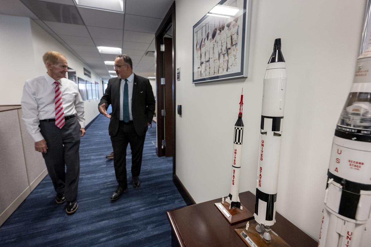 Models of rockets are seen during a meeting with NASA Administrator Bill Nelson, left, and Secretary of Education Miguel Cardona, right, prior to a memorandum of understanding (MOU) signing ceremony, Wednesday, May 24, 2023, at the Mary W. Jackson NASA Headquarters building in Washington.  The NASA and Department of Education MOU is focused on strengthening the collaboration between the two agencies, including efforts that advance STEM education across the nation. Photo Credit: (NASA/Keegan Barber)