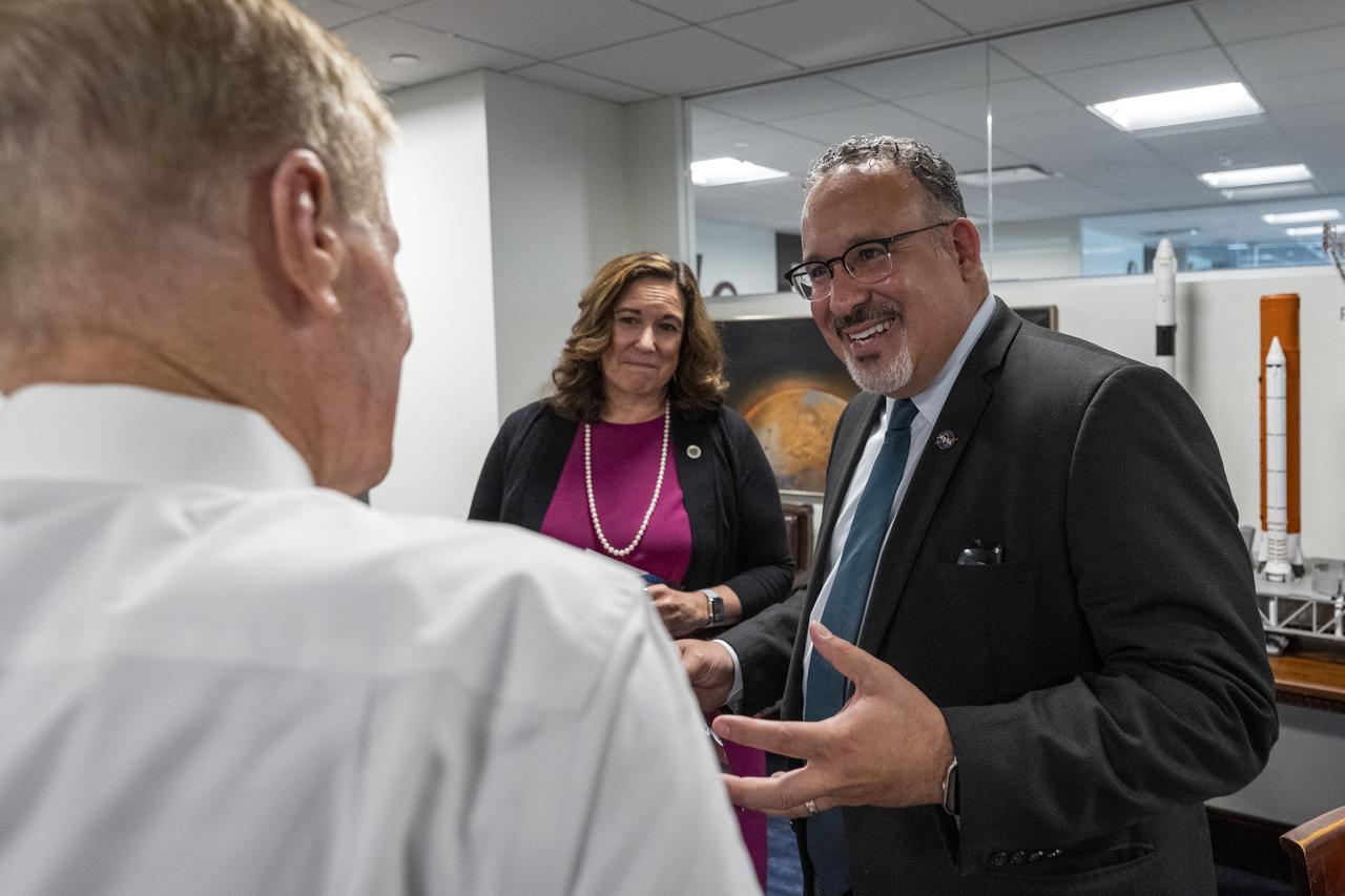 From left to right, NASA Administrator Bill Nelson, Deputy Secretary of Education Cindy Marten, and Secretary of Education Miguel Cardona are seen during a meeting prior to a memorandum of understanding (MOU) signing ceremony, Wednesday, May 24, 2023, at the Mary W. Jackson NASA Headquarters building in Washington.  The NASA and Department of Education MOU is focused on strengthening the collaboration between the two agencies, including efforts that advance STEM education across the nation. Photo Credit: (NASA/Keegan Barber)