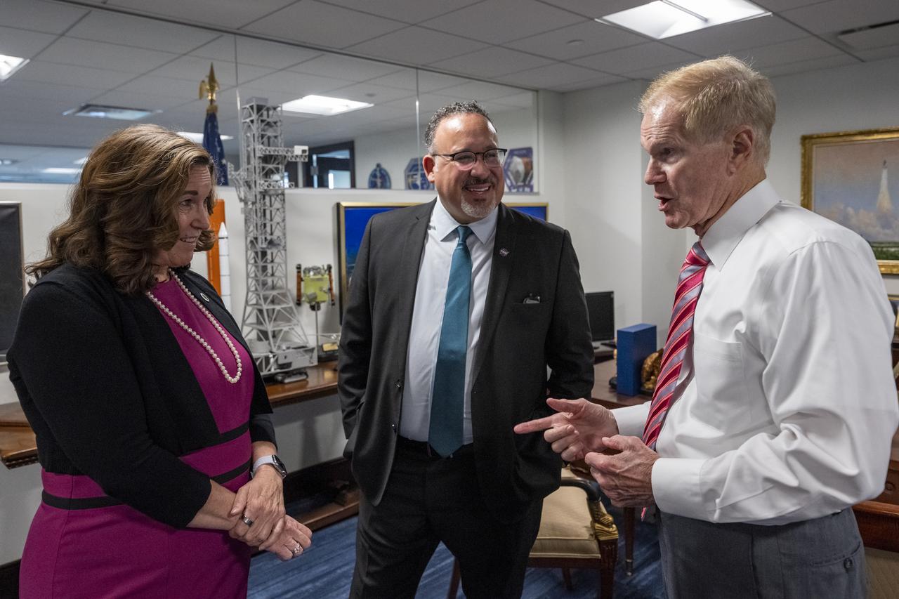 From left to right, Deputy Secretary of Education Cindy Marten, Secretary of Education Miguel Cardona, and NASA Administrator Bill Nelson are seen during a meeting prior to a memorandum of understanding (MOU) signing ceremony, Wednesday, May 24, 2023, at the Mary W. Jackson NASA Headquarters building in Washington. The NASA and Department of Education MOU is focused on strengthening the collaboration between the two agencies, including efforts that advance STEM education across the nation. Photo Credit: (NASA/Keegan Barber)