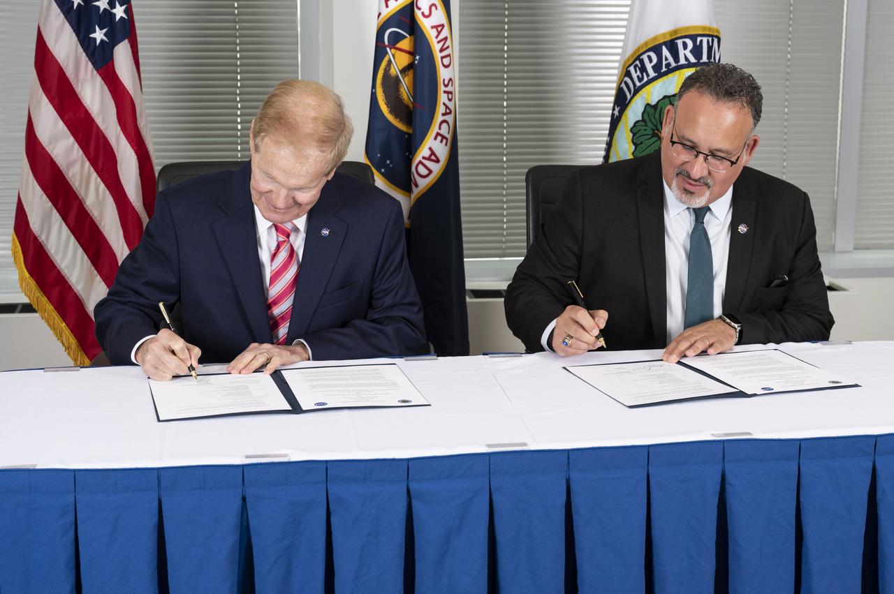 NASA Administrator Bill Nelson and Secretary of Education Miguel Cardona participate in a memorandum of understanding (MOU) signing ceremony, Wednesday, May 24, 2023, at the Mary W. Jackson NASA Headquarters building in Washington.  The NASA and Department of Education MOU is focused on strengthening the collaboration between the two agencies, including efforts that advance STEM education across the nation. Photo Credit: (NASA/Keegan Barber)