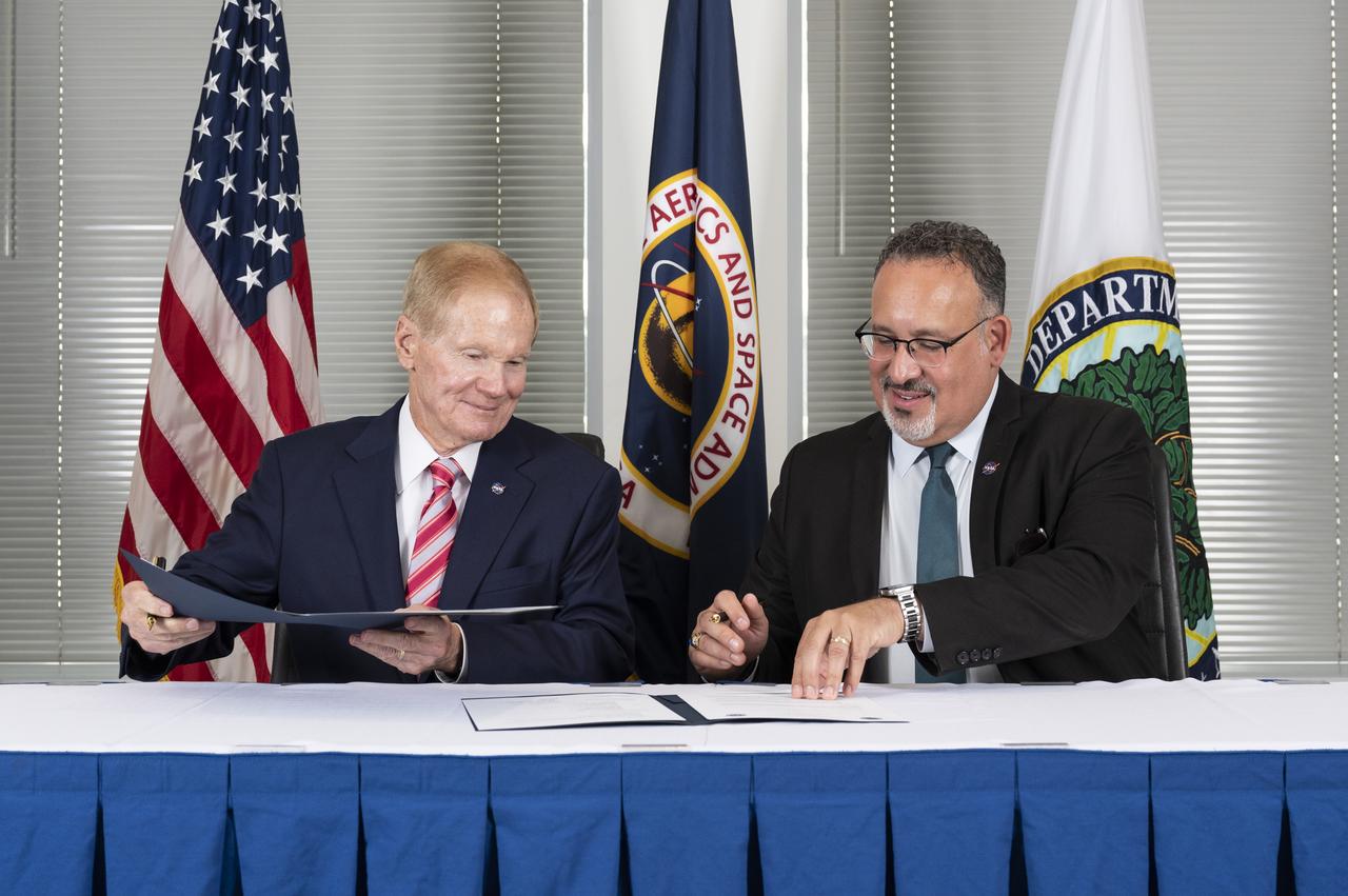 NASA Administrator Bill Nelson and Secretary of Education Miguel Cardona participate in a memorandum of understanding (MOU) signing ceremony, Wednesday, May 24, 2023, at the Mary W. Jackson NASA Headquarters building in Washington.  The NASA and Department of Education MOU is focused on strengthening the collaboration between the two agencies, including efforts that advance STEM education across the nation. Photo Credit: (NASA/Keegan Barber)