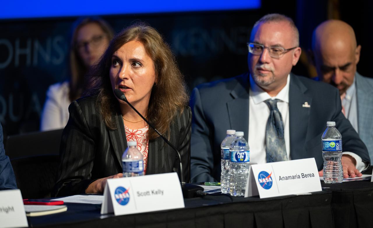 Anamaria Berea, associate professor of Computational and Data Science at George Mason University, left, asks a question during a public meeting of NASA’s unidentified anomalous phenomena (UAP) independent study team, Wednesday, May 31, 2023 at the Mary W. Jackson NASA Headquarters building in Washington. The UAP independent study team is a counsel of 16 community experts across diverse areas on matters relevant to potential methods of study for unidentified anomalous phenomena. NASA commissioned the nine-month study to examine UAP from a scientific perspective and create a roadmap for how to use data and the tools of science to move our understanding of UAP forward. Photo Credit: (NASA/Joel Kowsky)