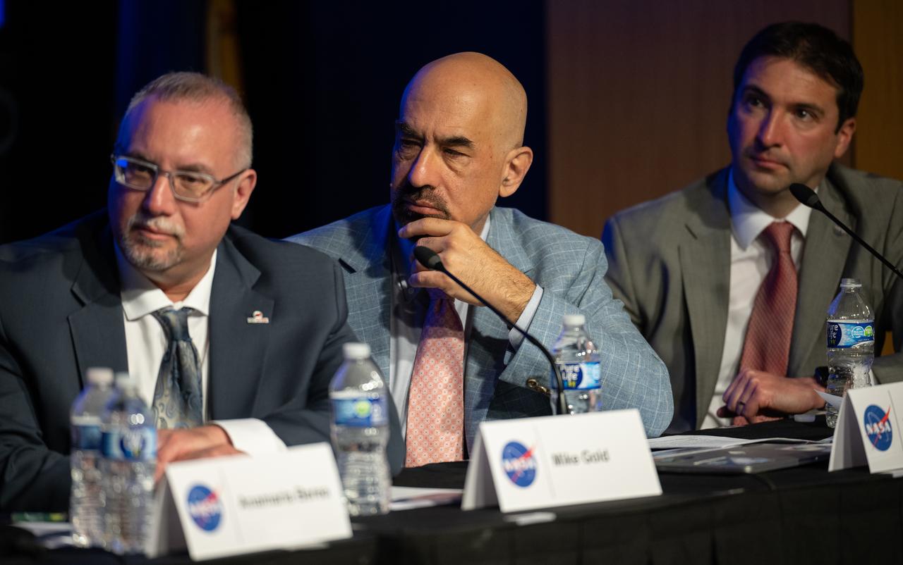 Mike Gold, chief growth officer at Redwire, left, David Spergel, chair of NASA's independent study on unidentified anomalous phenomena and President of the Simons Foundation, center, and Daniel Evans, assistant deputy associate administrator for Research in NASA's Science Mission Directorate, right, are seen during a public meeting of NASA’s unidentified anomalous phenomena (UAP) independent study team, Wednesday, May 31, 2023 at the Mary W. Jackson NASA Headquarters building in Washington. The UAP independent study team is a counsel of 16 community experts across diverse areas on matters relevant to potential methods of study for unidentified anomalous phenomena. NASA commissioned the nine-month study to examine UAP from a scientific perspective and create a roadmap for how to use data and the tools of science to move our understanding of UAP forward. Photo Credit: (NASA/Joel Kowsky)