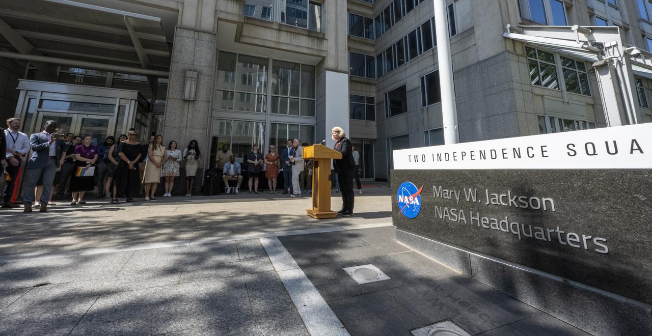NASA Deputy Administrator Pam Melroy delivers remarks during a flag raising ceremony in recognition and celebration of LGBTQI+ Pride Month, Thursday, June 1, 2023, at the Mary W. Jackson NASA Headquarters building in Washington. Photo Credit: (NASA/Keegan Barber)
