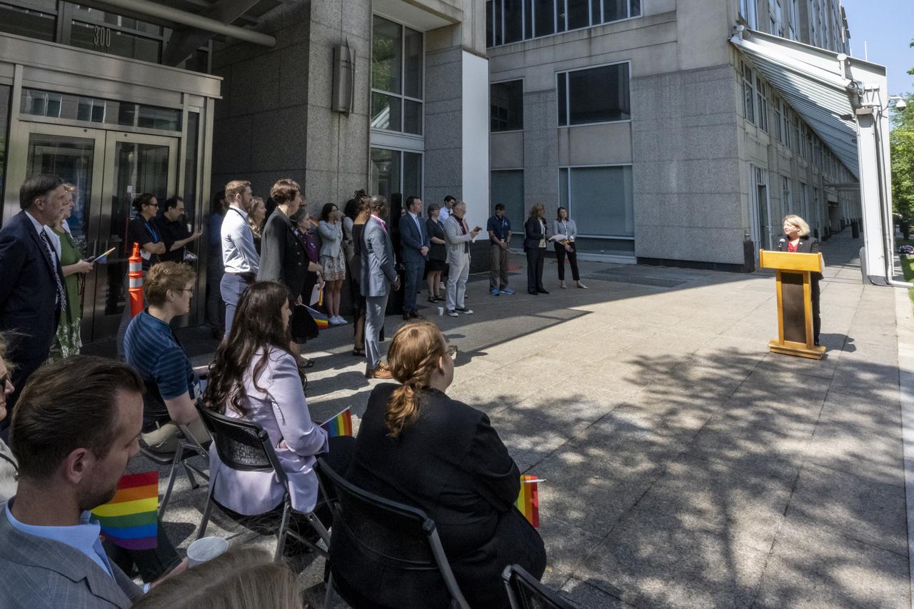 NASA Deputy Administrator Pam Melroy delivers remarks during a flag raising ceremony in recognition and celebration of LGBTQI+ Pride Month, Thursday, June 1, 2023, at the Mary W. Jackson NASA Headquarters building in Washington. Photo Credit: (NASA/Keegan Barber)