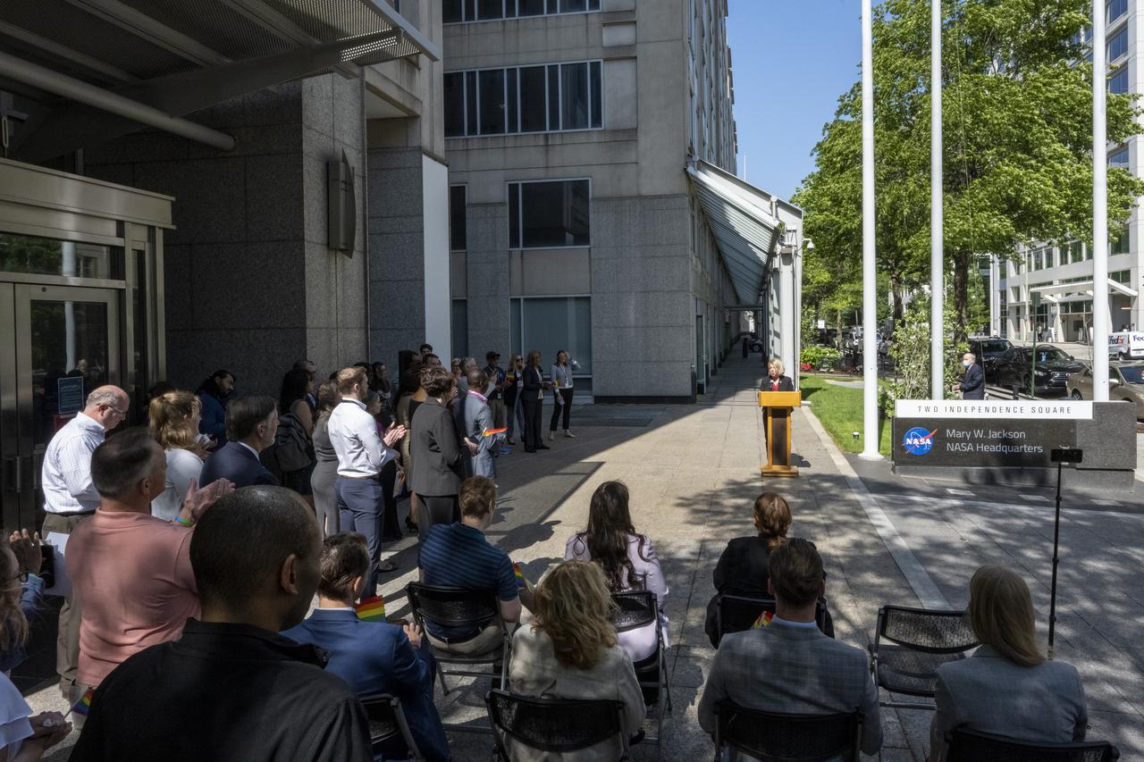 NASA Deputy Administrator Pam Melroy delivers remarks during a flag raising ceremony in recognition and celebration of LGBTQI+ Pride Month, Thursday, June 1, 2023, at the Mary W. Jackson NASA Headquarters building in Washington.  Photo Credit: (NASA/Keegan Barber)