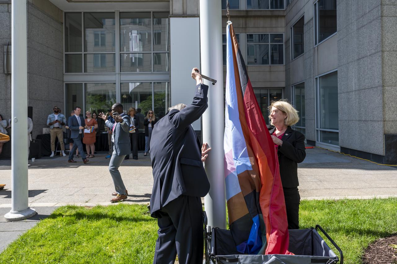 NASA Deputy Administrator Pam Melroy participates in a flag raising ceremony in recognition and celebration of LGBTQI+ Pride Month, Thursday, June 1, 2023, at the Mary W. Jackson NASA Headquarters building in Washington.  Photo Credit: (NASA/Keegan Barber)