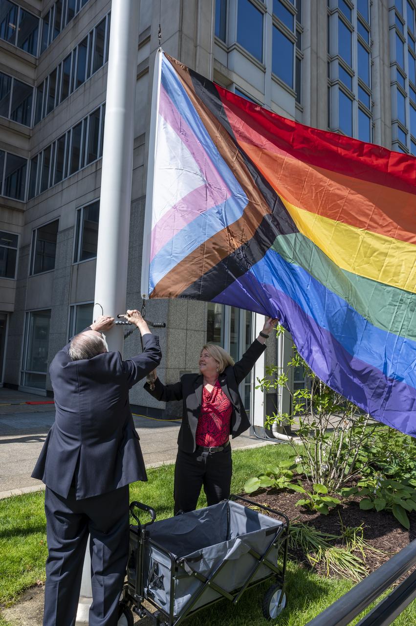 NASA Deputy Administrator Pam Melroy participates in a flag raising ceremony in recognition and celebration of LGBTQI+ Pride Month, Thursday, June 1, 2023, at the Mary W. Jackson NASA Headquarters building in Washington.  Photo Credit: (NASA/Keegan Barber)