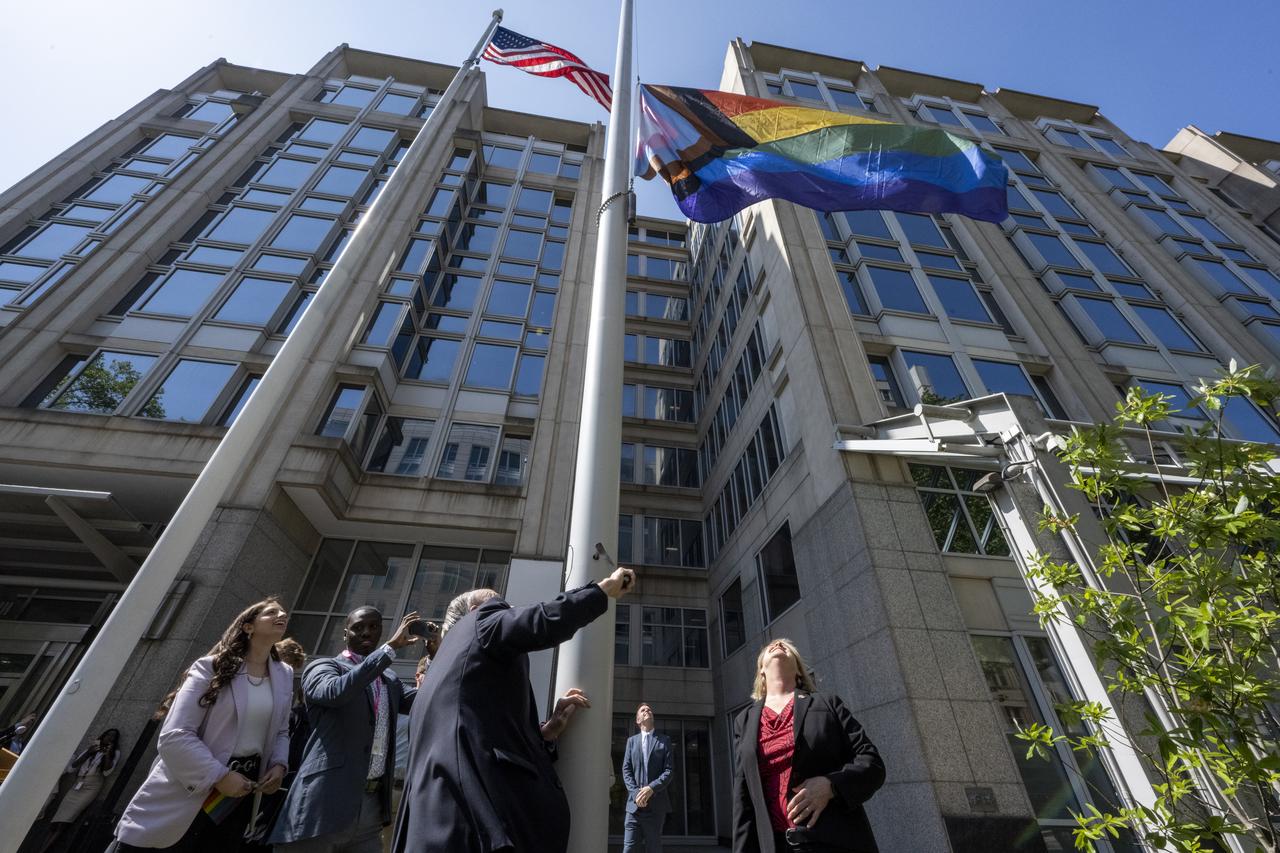 NASA Deputy Administrator Pam Melroy participates in a flag raising ceremony in recognition and celebration of LGBTQI+ Pride Month, Thursday, June 1, 2023, at the Mary W. Jackson NASA Headquarters building in Washington.  Photo Credit: (NASA/Keegan Barber)