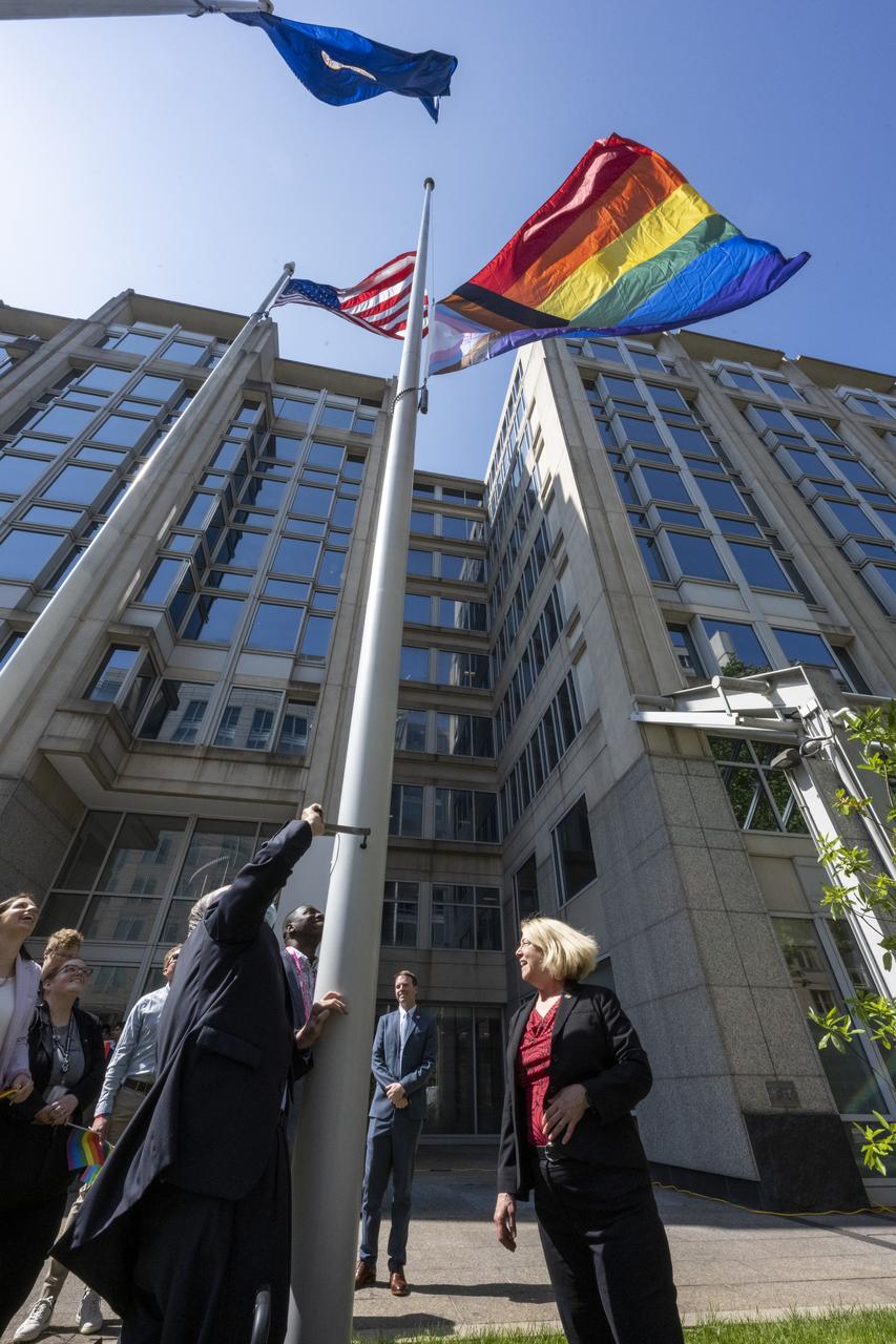 NASA Deputy Administrator Pam Melroy participates in a flag raising ceremony in recognition and celebration of LGBTQI+ Pride Month, Thursday, June 1, 2023, at the Mary W. Jackson NASA Headquarters building in Washington. Photo Credit: (NASA/Keegan Barber)