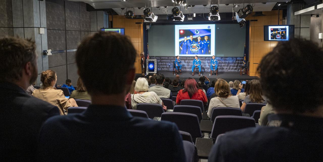 NASA astronauts Nicole Mann, left, Josh Cassada, center, and Japan Aerospace Exploration Agency (JAXA) astronaut Koichi Wakata, right, speak about their time onboard the International Space Station during an employee engagement event Monday, June 5, 2023, at the Mary W. Jackson NASA Headquarters building in Washington.  Mann, Cassada, and Wakata spent 157 days in space as part of Expedition 68 aboard the International Space Station. Photo Credit: (NASA/Keegan Barber)