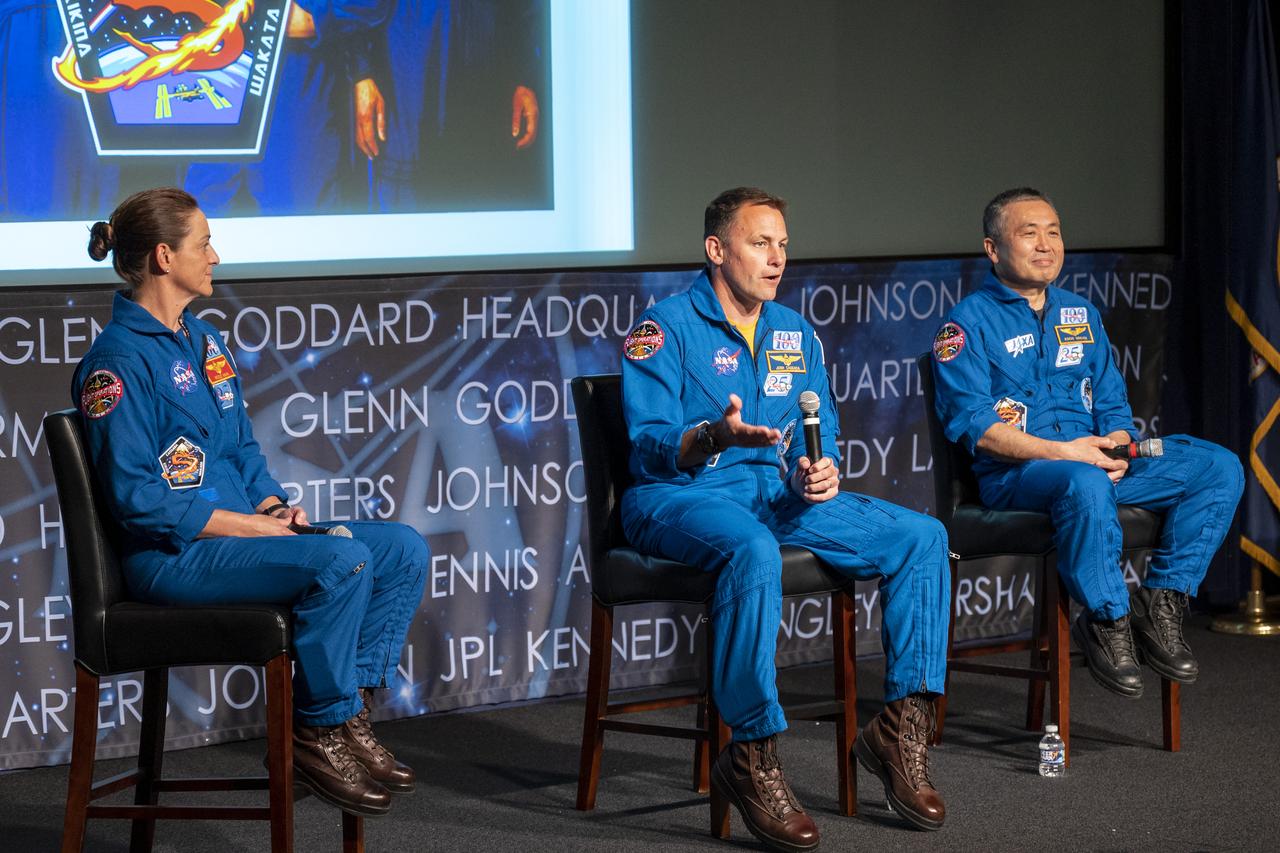 NASA astronauts Nicole Mann, left, Josh Cassada, center, and Japan Aerospace Exploration Agency (JAXA) astronaut Koichi Wakata, right, speak about their time onboard the International Space Station during an employee engagement event Monday, June 5, 2023, at the Mary W. Jackson NASA Headquarters building in Washington.  Mann, Cassada, and Wakata spent 157 days in space as part of Expedition 68 aboard the International Space Station. Photo Credit: (NASA/Keegan Barber)