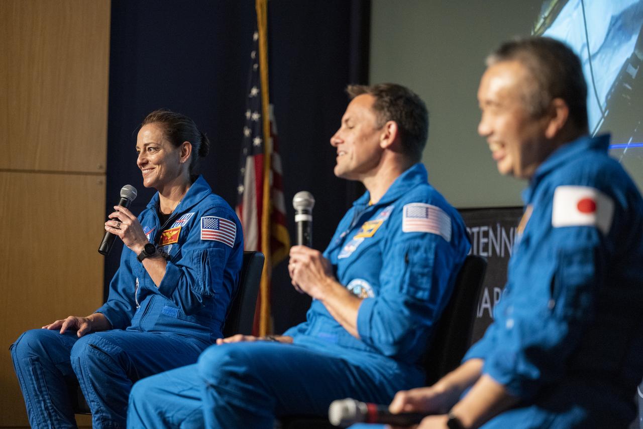 NASA astronauts Nicole Mann, left, Josh Cassada, center, and Japan Aerospace Exploration Agency (JAXA) astronaut Koichi Wakata, right, speak about their time onboard the International Space Station during an employee engagement event Monday, June 5, 2023, at the Mary W. Jackson NASA Headquarters building in Washington.  Mann, Cassada, and Wakata spent 157 days in space as part of Expedition 68 aboard the International Space Station. Photo Credit: (NASA/Keegan Barber)