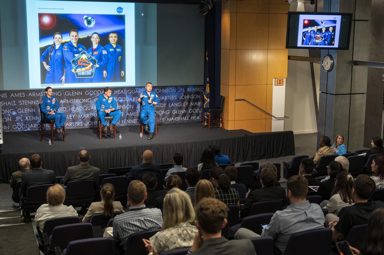 NASA astronauts Nicole Mann, left, Josh Cassada, center, and Japan Aerospace Exploration Agency (JAXA) astronaut Koichi Wakata, right, speak about their time onboard the International Space Station during an employee engagement event Monday, June 5, 2023, at the Mary W. Jackson NASA Headquarters building in Washington.  Mann, Cassada, and Wakata spent 157 days in space as part of Expedition 68 aboard the International Space Station. Photo Credit: (NASA/Keegan Barber)