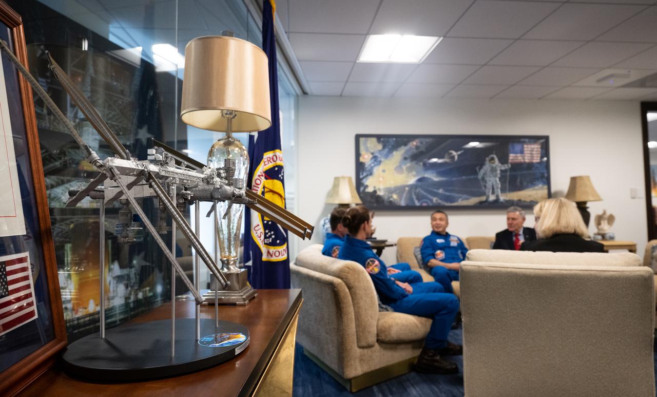 A model of the International Space station is seen as NASA Deputy Administrator Pam Melroy and NASA Associate Administrator Bob Cabana meet with NASA’s SpaceX Crew-5 astronauts Nicole Mann and Josh Cassada of NASA, and Koichi Wakata of the Japan Aerospace Exploration Agency (JAXA), Monday, June 5, 2023 at the Mary W. Jackson NASA Headquarters building in Washington. Mann, Cassada, and Wakata spent 157 days in space as part of Expedition 68 aboard the International Space Station. Photo Credit: (NASA/Joel Kowsky)