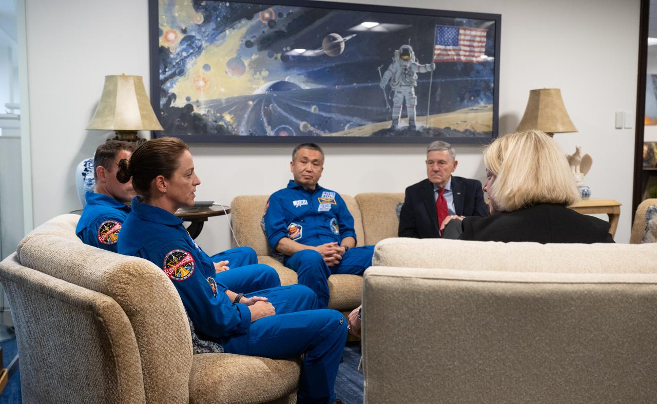 NASA Deputy Administrator Pam Melroy right, and NASA Associate Administrator Bob Cabana, second from right, meet with NASA’s SpaceX Crew-5 astronauts Nicole Mann, second from left, and Josh Cassada of NASA, and Japan Aerospace Exploration Agency (JAXA) astronaut Koichi Wakata, Monday, June 5, 2023 at the Mary W. Jackson NASA Headquarters building in Washington. Mann, Cassada, and Wakata spent 157 days in space as part of Expedition 68 aboard the International Space Station. Photo Credit: (NASA/Joel Kowsky)