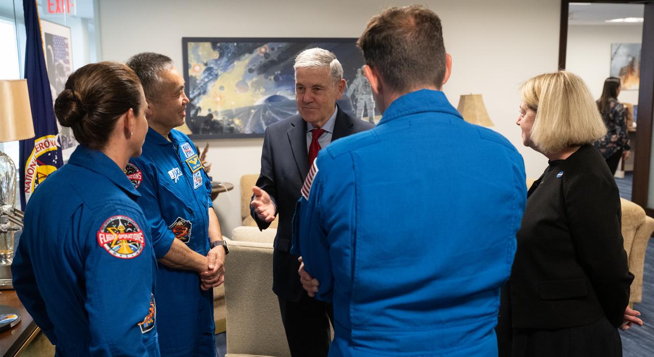 NASA Associate Administrator Bob Cabana, center, and NASA Deputy Administrator Pam Melroy, right, are seen with NASA’s SpaceX Crew-5 astronauts Koichi Wakata of the Japan Aerospace Exploration Agency (JAXA), and Nicole Mann and Josh Cassada of NASA, Monday, June 5, 2023 at the Mary W. Jackson NASA Headquarters building in Washington. Mann, Cassada, and Wakata spent 157 days in space as part of Expedition 68 aboard the International Space Station. Photo Credit: (NASA/Joel Kowsky)