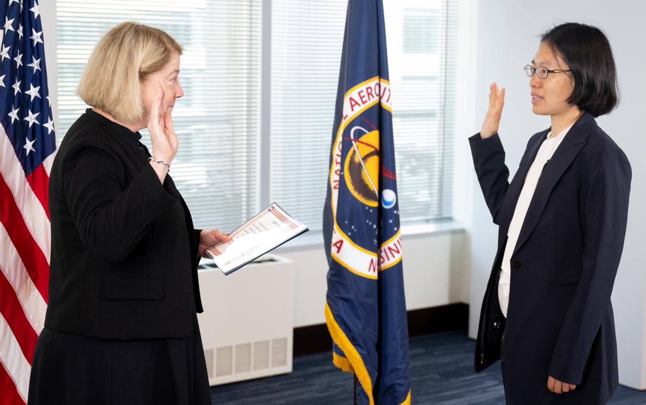 Iris Lan, right, is sworn in as NASA’s General Counsel by NASA Deputy Administrator Pam Melroy, Monday, June 5, 2023, at the Mary W. Jackson NASA Headquarters building in Washington.  Photo Credit: (NASA/Joel Kowsky)