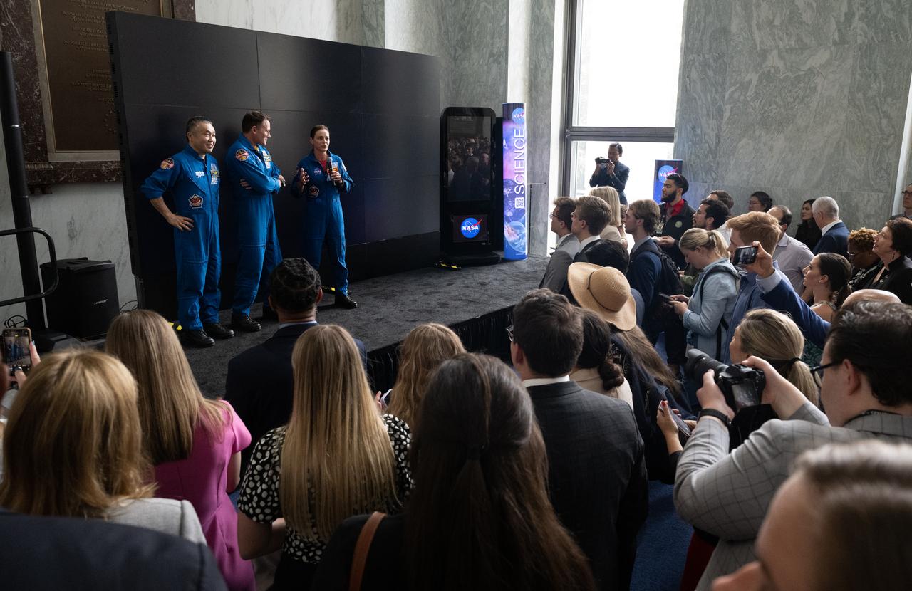 NASA’s SpaceX Crew-5 astronauts Koichi Wakata of the Japan Aerospace Exploration Agency (JAXA), left, and Josh Cassada and Nicole Mann of NASA, speak during NASA’s Science Day on the Hill event, Wednesday, June 7, 2023, at the Rayburn House Office Building in Washington. Mann, Cassada, and Wakata spent 157 days in space as part of Expedition 68 aboard the International Space Station. Photo Credit: (NASA/Joel Kowsky)