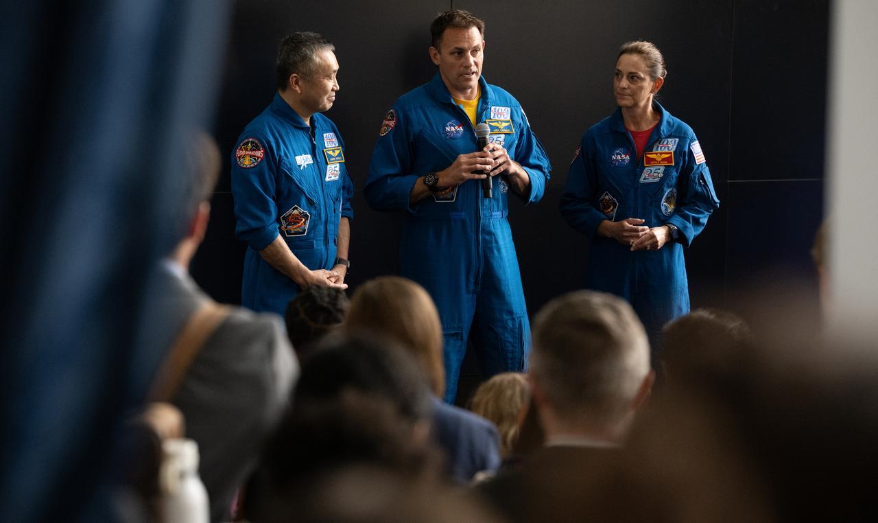 NASA’s SpaceX Crew-5 astronauts Koichi Wakata of the Japan Aerospace Exploration Agency (JAXA), left, and Josh Cassada and Nicole Mann of NASA, speak during NASA’s Science Day on the Hill event, Wednesday, June 7, 2023, at the Rayburn House Office Building in Washington. Mann, Cassada, and Wakata spent 157 days in space as part of Expedition 68 aboard the International Space Station. Photo Credit: (NASA/Joel Kowsky)