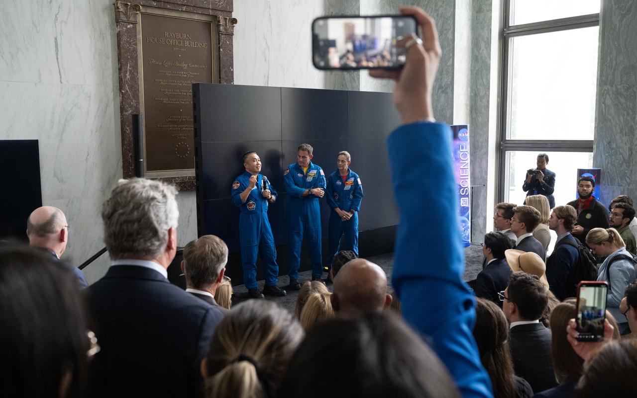 NASA’s SpaceX Crew-5 astronauts Koichi Wakata of the Japan Aerospace Exploration Agency (JAXA), left, and Josh Cassada and Nicole Mann of NASA, speak during NASA’s Science Day on the Hill event, Wednesday, June 7, 2023, at the Rayburn House Office Building in Washington. Mann, Cassada, and Wakata spent 157 days in space as part of Expedition 68 aboard the International Space Station. Photo Credit: (NASA/Joel Kowsky)