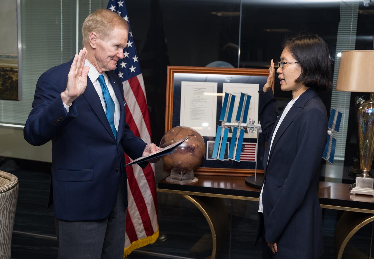 Iris Lan is ceremonially sworn in as NASA’s General Counsel by NASA Administrator Bill Nelson, Tuesday, June 13, 2023, at the Mary W. Jackson NASA Headquarters building in Washington.  Photo Credit: (NASA/Aubrey Gemignani)