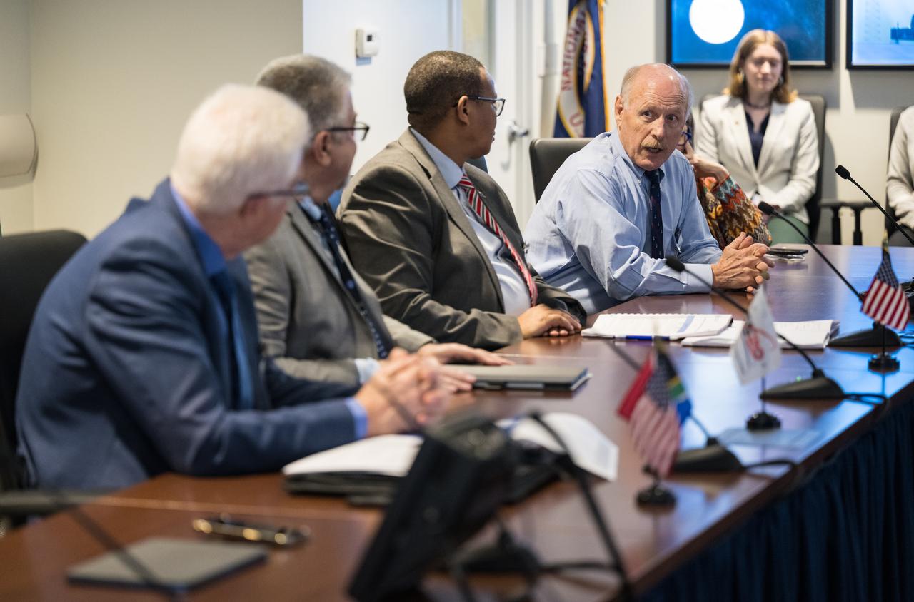 NASA Associate Administrator for the Space Operations Mission Directorate, Ken Bowersox, right, provides remarks during a meeting with from left to right, the Premier of the Western Cape Government, Alan Winde, NASA Deputy Associate Administrator for Space Communications and Navigation, Badri Younes, and Director-General of the Western Cape Government, Dr. Harry Malila, to discuss the path forward for development of an antenna for the Lunar Exploration Ground Sites (LEGS) mission in Matjiesfontein, South Africa, and other opportunities, Tuesday, June 13, 2023, at the Mary W. Jackson NASA Headquarters building in Washington. Photo Credit: (NASA/Aubrey Gemignani)