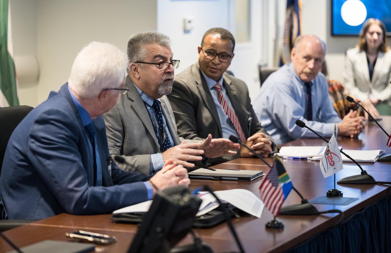 NASA Deputy Associate Administrator for Space Communications and Navigation, Badri Younes, second from left, provides remarks during a meeting with the Premier of the Western Cape Government, Alan Winde, left, Director-General of the Western Cape Government, Dr. Harry Malila, third from left, and NASA Associate Administrator for the Space Operations Mission Directorate, Ken Bowersox, right, to discuss the path forward for development of an antenna for the Lunar Exploration Ground Sites (LEGS) mission in Matjiesfontein, South Africa, and other opportunities, Tuesday, June 13, 2023, at the Mary W. Jackson NASA Headquarters building in Washington. Photo Credit: (NASA/Aubrey Gemignani)