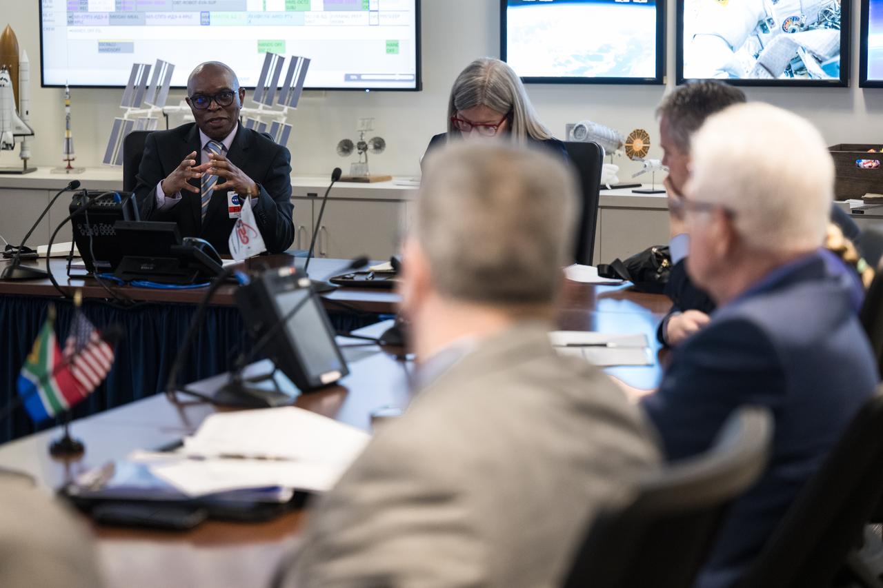 Head of Department, Western Cape Government Economic Development and Tourism, Velile Dube, provides remarks during a meeting with NASA Deputy Associate Administrator for Space Communications and Navigation, Badri Younes, Premier of the Western Cape Government, Alan Winde, other NASA representatives, and a delegation from South Africa, to discuss the path forward for development of an antenna for the Lunar Exploration Ground Sites (LEGS) mission in Matjiesfontein, South Africa, and other opportunities, Tuesday, June 13, 2023, at the Mary W. Jackson NASA Headquarters building in Washington. Photo Credit: (NASA/Aubrey Gemignani)