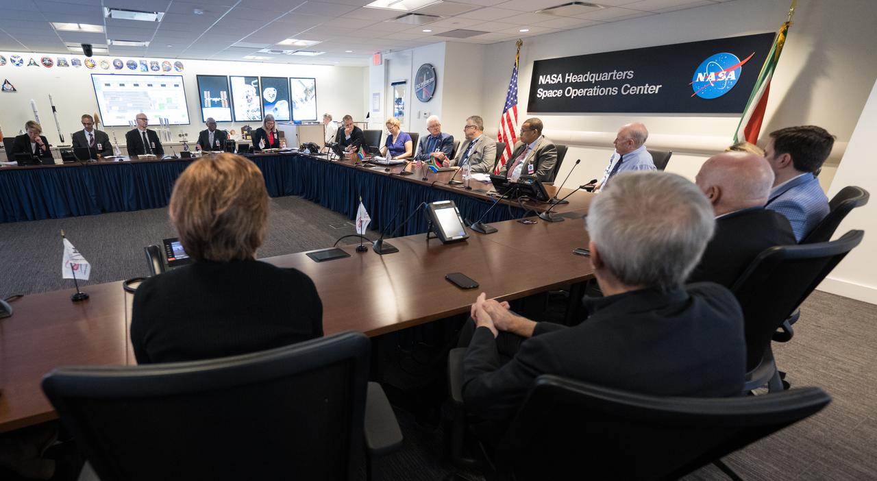 NASA Associate Administrator for the Space Operations Mission Directorate, Ken Bowersox, and NASA Deputy Associate Administrator for Space Communications and Navigation, Badri Younes, meet with the Premier of the Western Cape Government, Alan Winde, and a delegation from South Africa, to discuss the path forward for development of an antenna for the Lunar Exploration Ground Sites (LEGS) mission in Matjiesfontein, South Africa, and other opportunities, Tuesday, June 13, 2023, at the Mary W. Jackson NASA Headquarters building in Washington. Photo Credit: (NASA/Aubrey Gemignani)