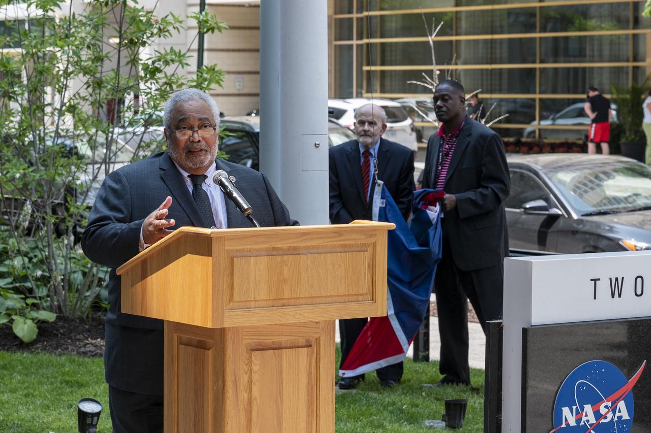 Associate Administrator for the Office of Small Business Programs Glenn Delgado delivers remarks during a flag raising ceremony in recognition and celebration of Juneteenth, Thursday, June 15, 2023, at the Mary W. Jackson NASA Headquarters building in Washington. Photo Credit: (NASA/Keegan Barber)