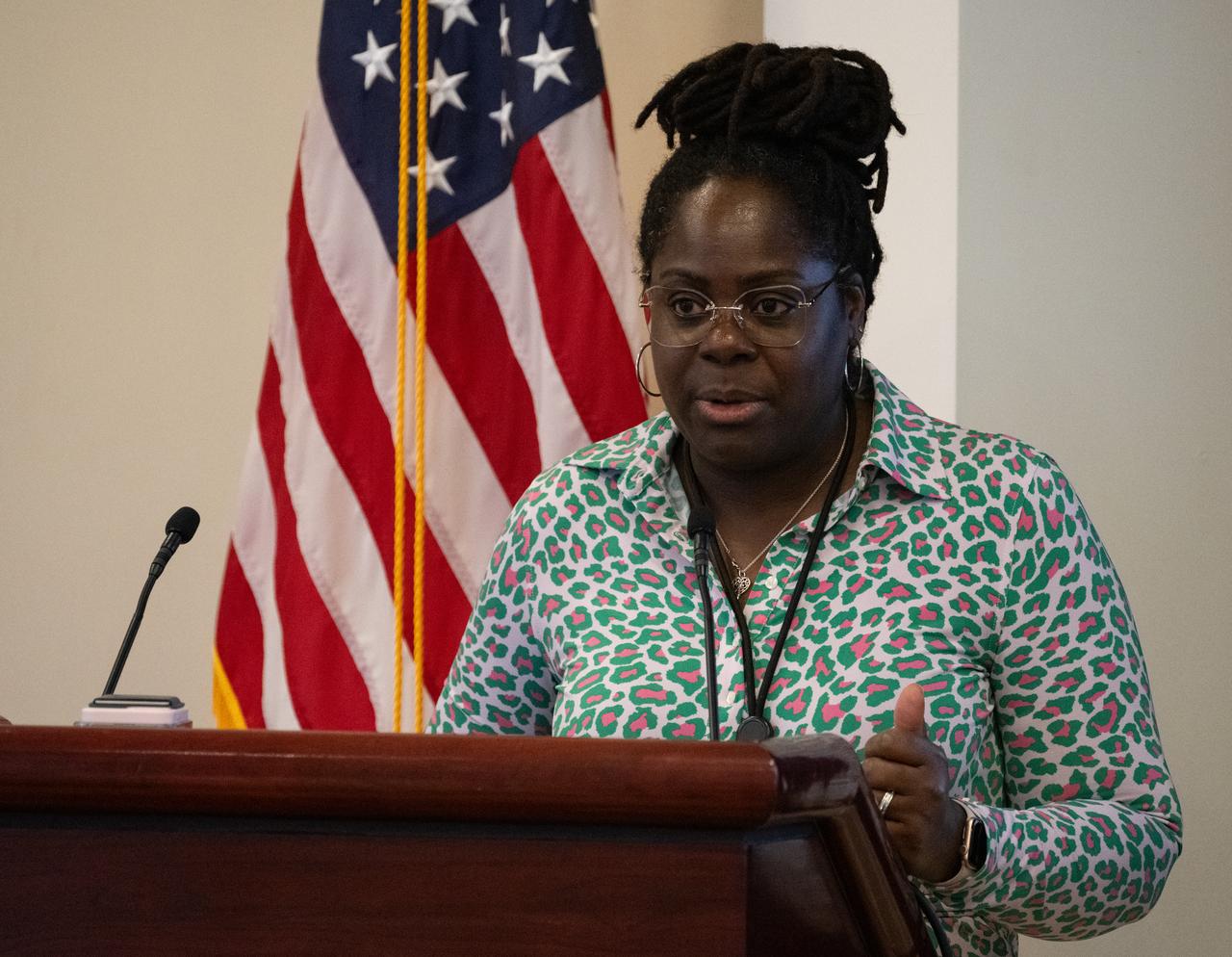 Quincy Brown, Director of Space STEM and Workforce Policy for the National Space Council speaks during an Artemis Generation Roundtable for Black Space Week, Tuesday, June 20, 2023, at the Eisenhower Executive Office Building in Washington. As part of Black Space Week, the National Space Council and NASA collaborated with Black In Astro to host students for a discussion on the future of space exploration and equity. Photo Credit: (NASA/Joel Kowsky)