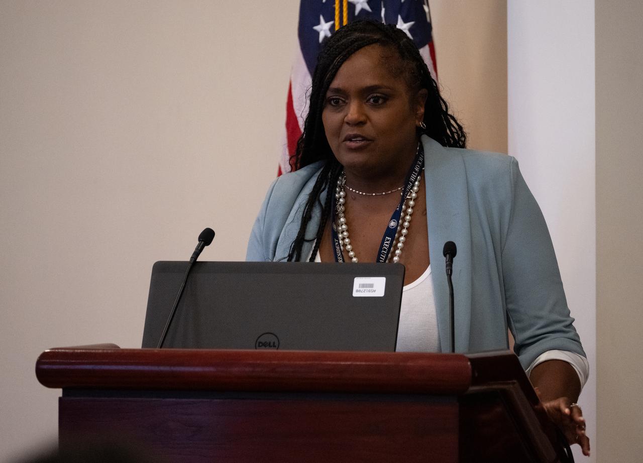 Tahara Dawkins, Chief of Staff for the National Space Council speaks during an Artemis Generation Roundtable for Black Space Week, Tuesday, June 20, 2023, at the Eisenhower Executive Office Building in Washington. As part of Black Space Week, the National Space Council and NASA collaborated with Black In Astro to host students for a discussion on the future of space exploration and equity. Photo Credit: (NASA/Joel Kowsky)