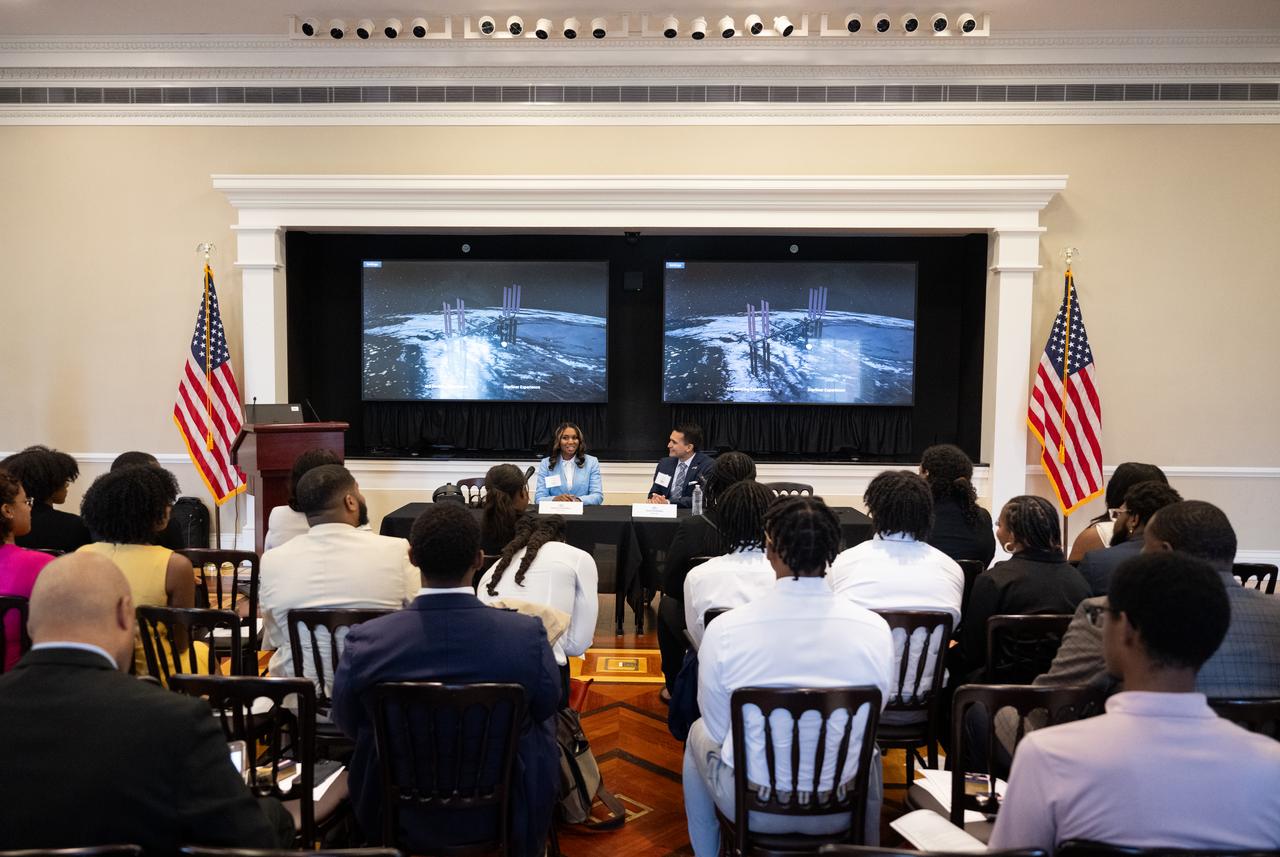 Sydney Hamilton, structures manager for transonic truss braced wing at The Boeing Company, left, and Tony Castilleja Jr., senior manager for space at The Boeing Company, are seen during an Artemis Generation Roundtable for Black Space Week, Tuesday, June 20, 2023, at the Eisenhower Executive Office Building in Washington. As part of Black Space Week, the National Space Council and NASA collaborated with Black In Astro to host students for a discussion on the future of space exploration and equity. Photo Credit: (NASA/Joel Kowsky)