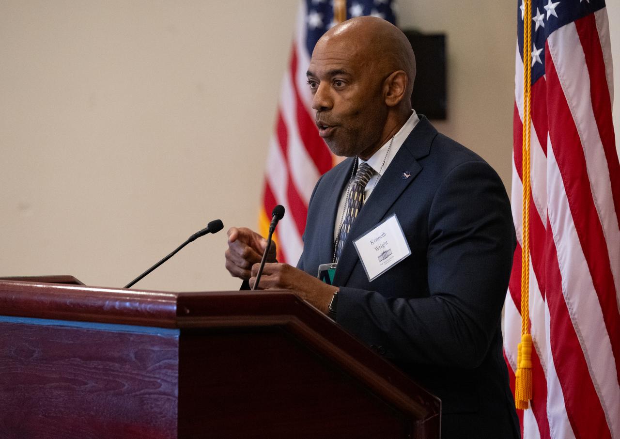 Kenneth Wright, Senior Policy Analyst and Innovation Lead in NASA’s Office of Technology, Policy, and Strategy, speaks during an Artemis Generation Roundtable for Black Space Week, Tuesday, June 20, 2023, at the Eisenhower Executive Office Building in Washington. As part of Black Space Week, the National Space Council and NASA collaborated with Black In Astro to host students for a discussion on the future of space exploration and equity. Photo Credit: (NASA/Joel Kowsky)