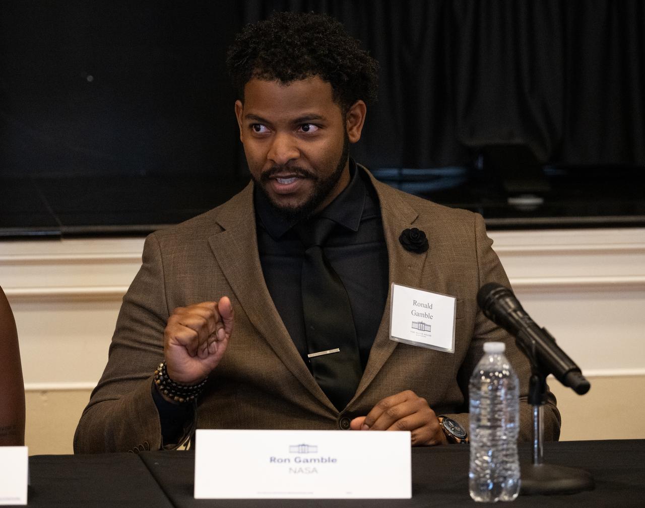 Ronald Gamble, a Theoretical Astrophysicist at NASA”s Goddard Space Flight Center, speaks during an Artemis Generation Roundtable for Black Space Week, Tuesday, June 20, 2023, at the Eisenhower Executive Office Building in Washington. As part of Black Space Week, the National Space Council and NASA collaborated with Black In Astro to host students for a discussion on the future of space exploration and equity. Photo Credit: (NASA/Joel Kowsky)