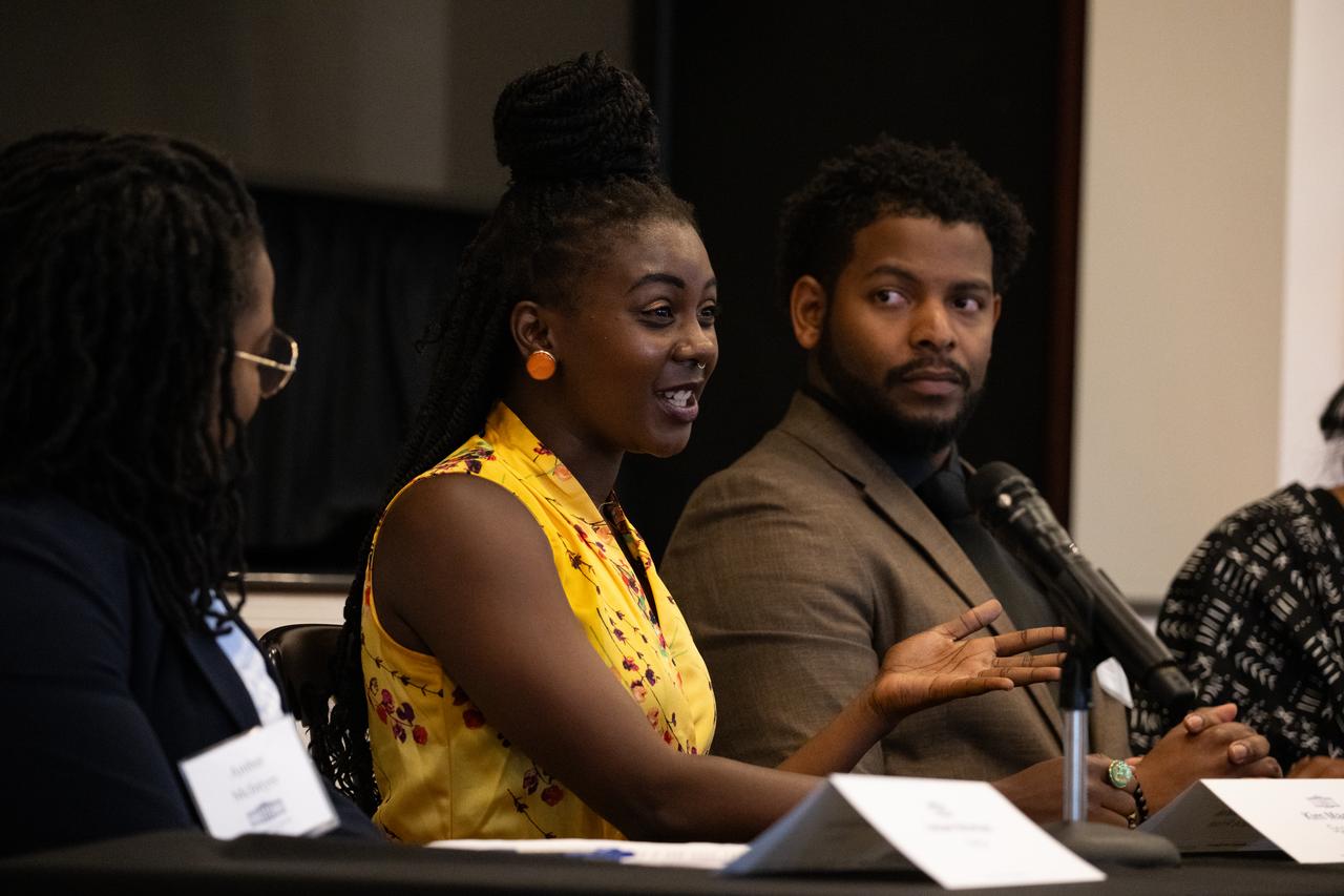 Kim Macharia, Executive Director at Space Prize, speaks during a panel discussion moderated by Amber McIntyre, Interagency and International Relations Advisor at NASA with Ronald Gamble, a theoretical astrophysicist at NASA’s Goddard Space Flight Center, and Zephanii Eisenstat, Space and Social Justice Advocate at the NAACP, during an Artemis Generation Roundtable for Black Space Week, Tuesday, June 20, 2023, at the Eisenhower Executive Office Building in Washington. As part of Black Space Week, the National Space Council and NASA collaborated with Black In Astro to host students for a discussion on the future of space exploration and equity. Photo Credit: (NASA/Joel Kowsky)