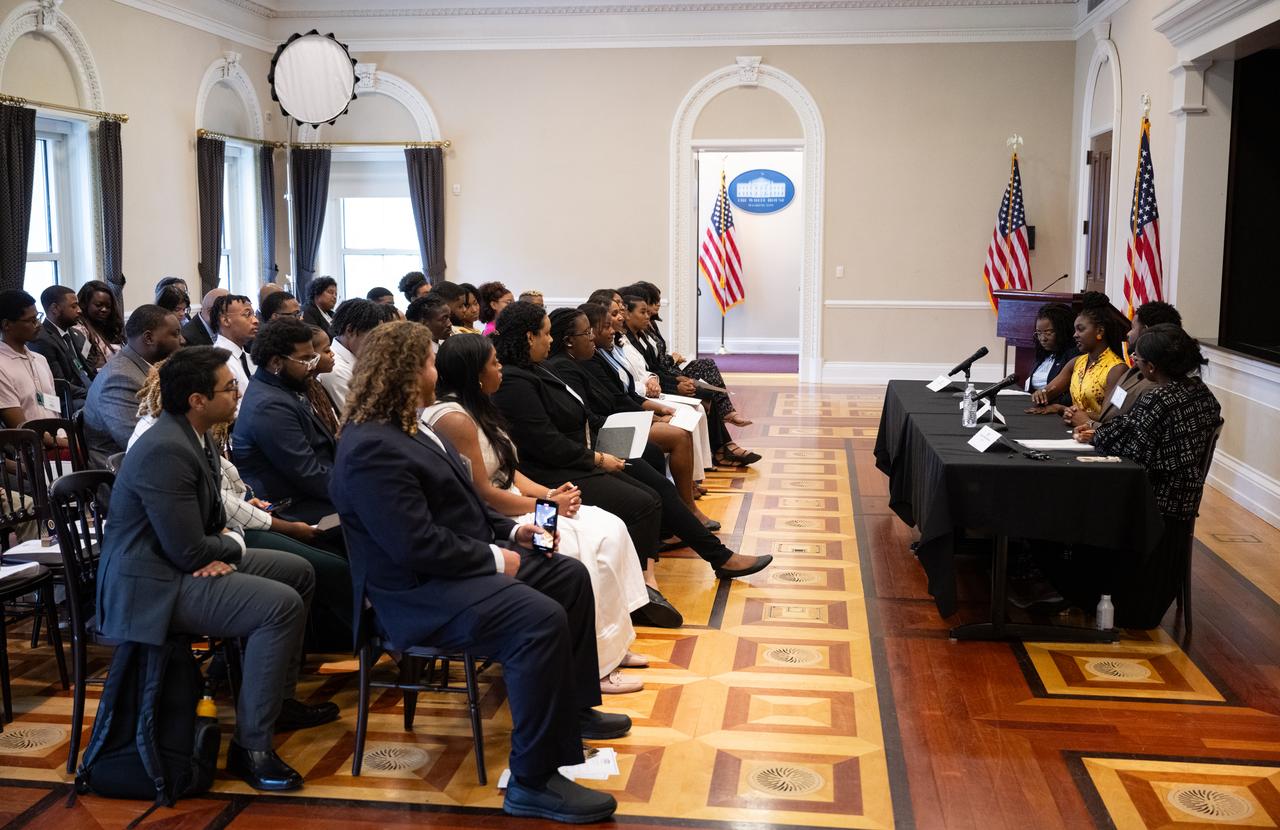 Amber McIntyre, Interagency and International Relations Advisor at NASA, left, moderates a panel discussion with Kim Macharia, Executive Director at Space Prize, second from left, Ronald Gamble, a theoretical astrophysicist at NASA’s Goddard Space Flight Center, second from right, and Zephanii Eisenstat, Space and Social Justice Advocate at the NAACP, right, during an Artemis Generation Roundtable for Black Space Week, Tuesday, June 20, 2023, at the Eisenhower Executive Office Building in Washington. As part of Black Space Week, the National Space Council and NASA collaborated with Black In Astro to host students for a discussion on the future of space exploration and equity. Photo Credit: (NASA/Joel Kowsky)