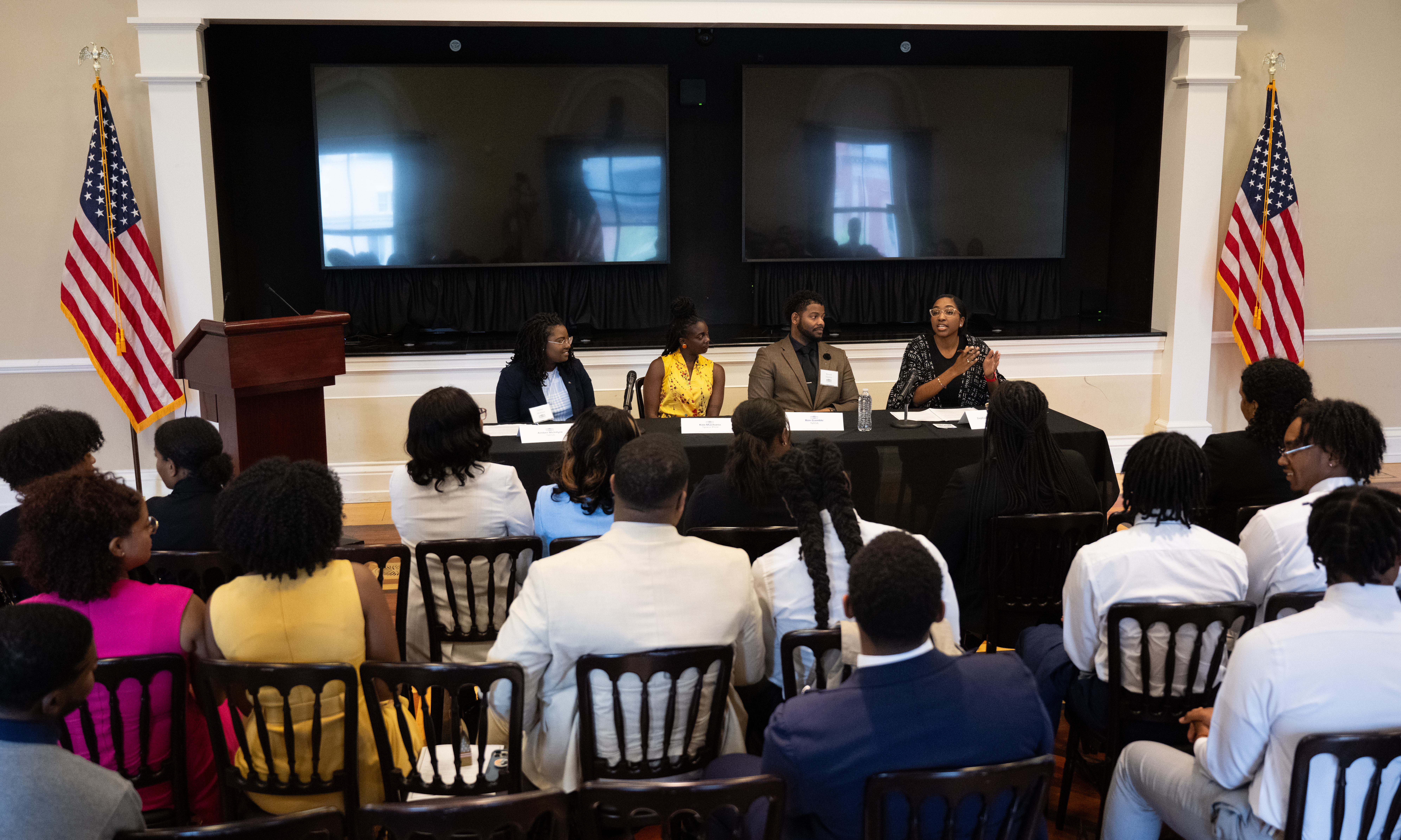 Amber McIntyre, Interagency and International Relations Advisor at NASA, left, moderates a panel discussion with Kim Macharia, Executive Director at Space Prize, second from left, Ronald Gamble, a theoretical astrophysicist at NASA’s Goddard Space Flight Center, second from right, and Zephanii Eisenstat, Space and Social Justice Advocate at the NAACP, right, during an Artemis Generation Roundtable for Black Space Week, Tuesday, June 20, 2023, at the Eisenhower Executive Office Building in Washington. As part of Black Space Week, the National Space Council and NASA collaborated with Black In Astro to host students for a discussion on the future of space exploration and equity. Photo Credit: (NASA/Joel Kowsky)