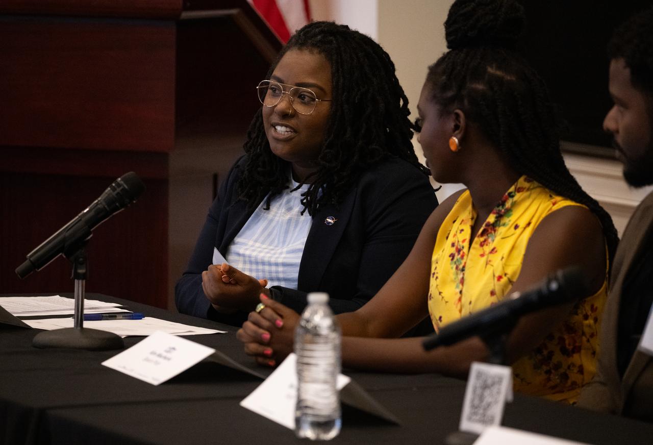 Amber McIntyre, Interagency and International Relations Advisor at NASA, speaks during a panel discussion with Kim Macharia, Executive Director at Space Prize, Ronald Gamble, a theoretical astrophysicist at NASA’s Goddard Space Flight Center, and Zephanii Eisenstat, Space and Social Justice Advocate at the NAACP, during an Artemis Generation Roundtable for Black Space Week, Tuesday, June 20, 2023, at the Eisenhower Executive Office Building in Washington. As part of Black Space Week, the National Space Council and NASA collaborated with Black In Astro to host students for a discussion on the future of space exploration and equity. Photo Credit: (NASA/Joel Kowsky)